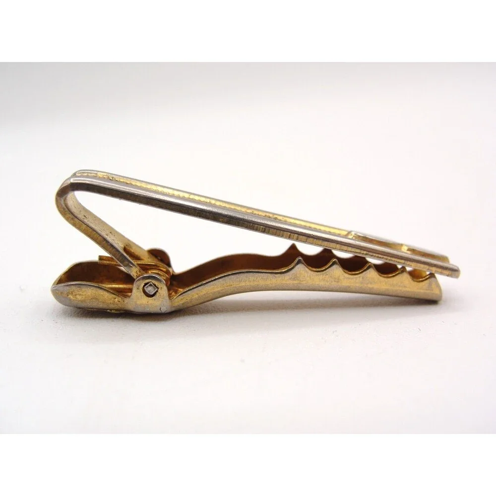 Vintage Two Tone Gold Silver Textured Tie Clip Bar Oval MCM Mens Wedding Jewelry